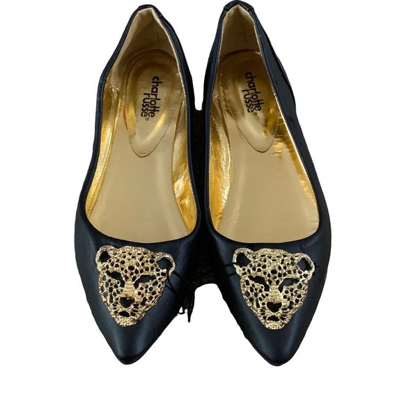 Cheetah Head rhinestone Embellished Point Toe Black Flats Size 6 - Picture 2 of 8